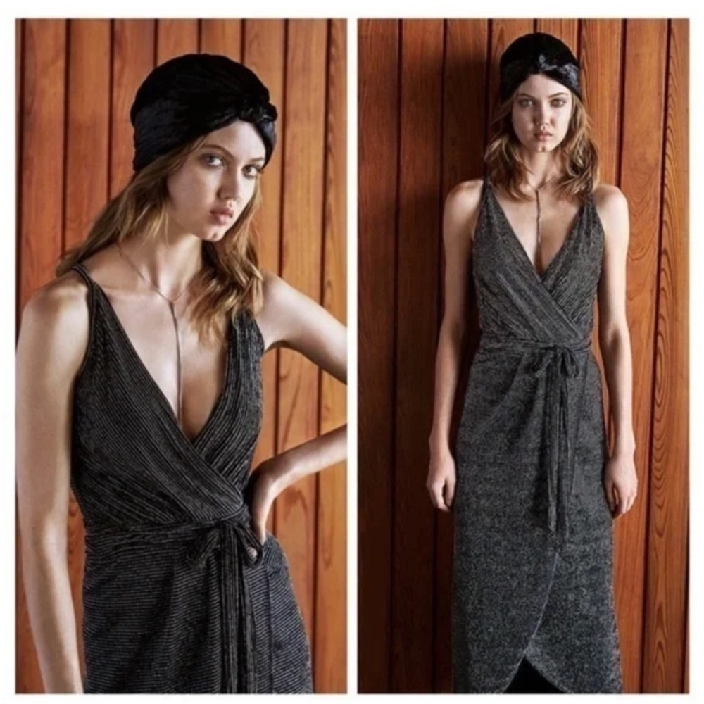 Bec & Bridge Black and Silver Strappy
Wrap Midi Dress Size USA 2